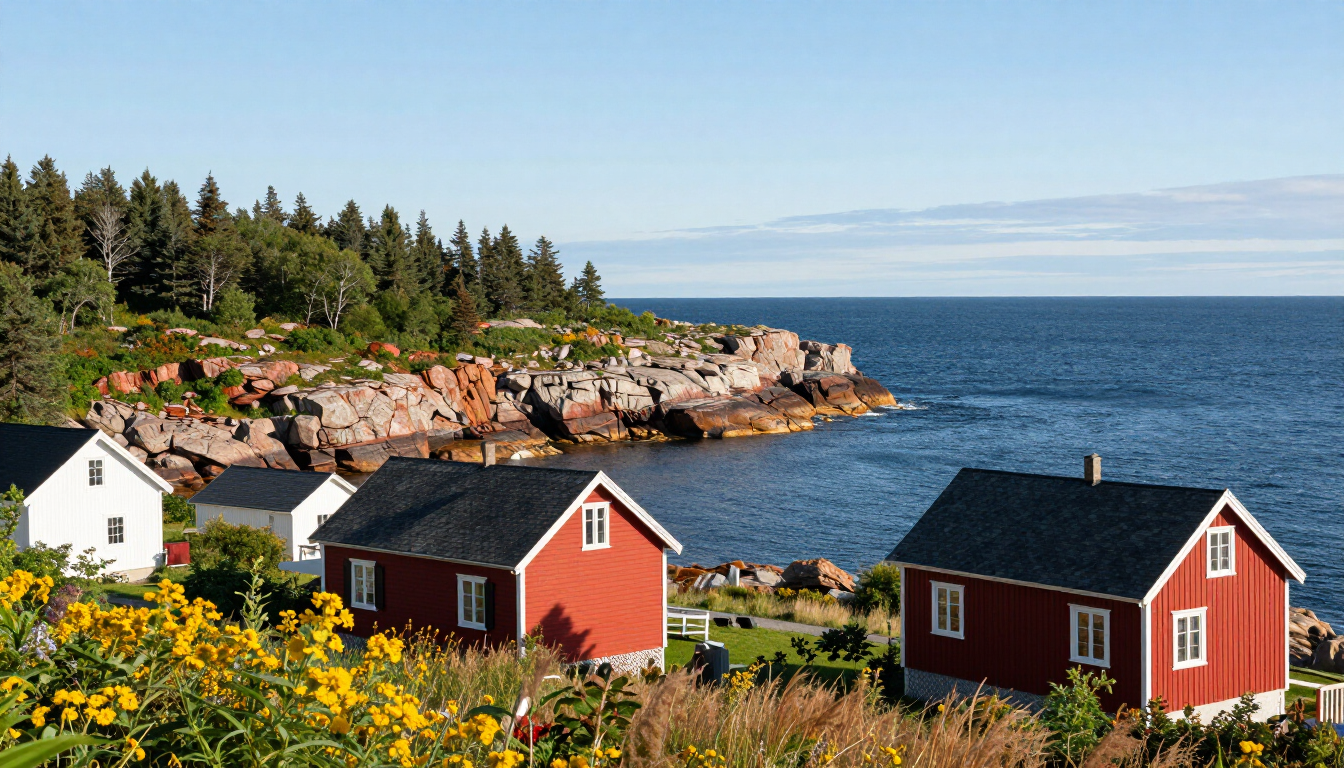 Red cottages by a rocky blue coastline with yellow flowers and pine trees under a clear sky