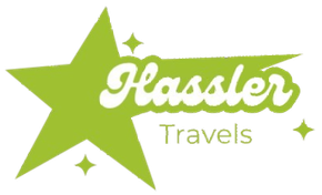 A logo for hassler travels with a green star