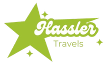 A green hassler travels logo with a green star