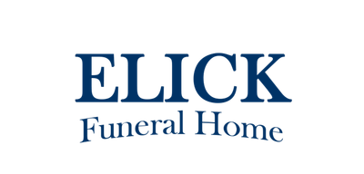 ELICK Funeral Home logo in blue serif text on a white background