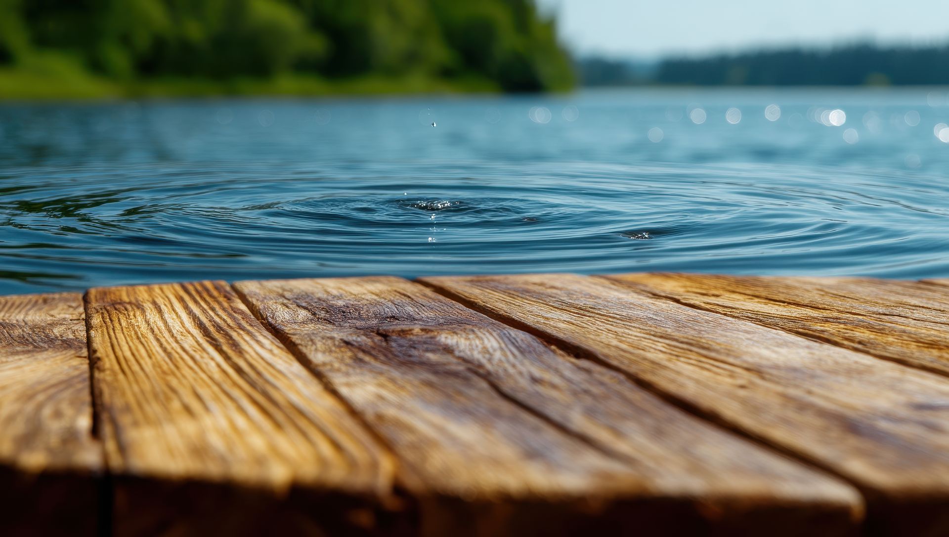 Wooden dock overlooking a calm blue lake with green trees in the background