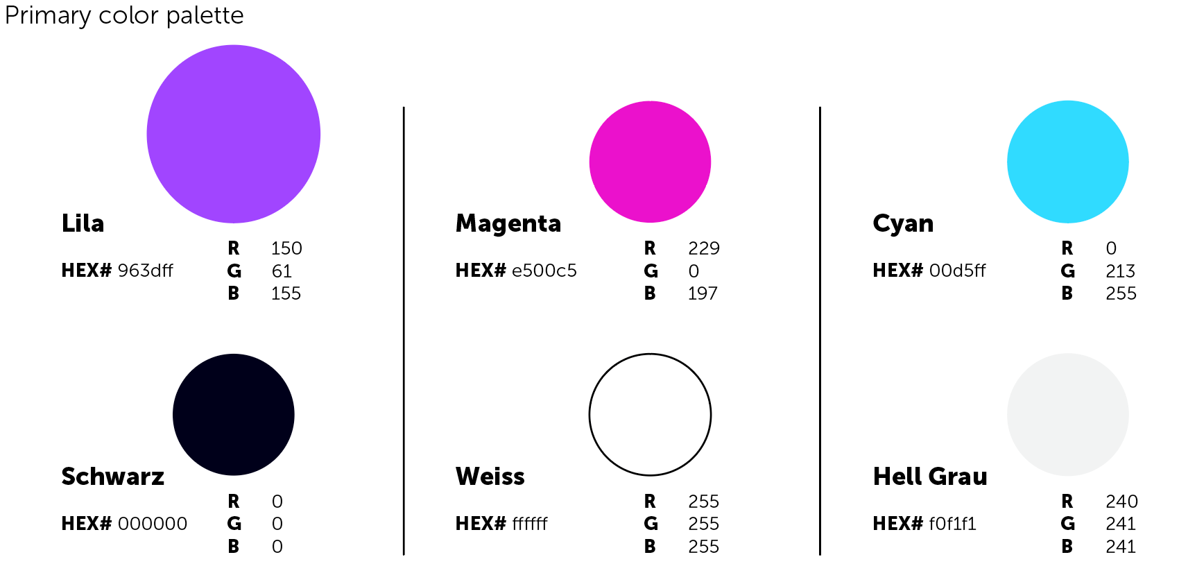 Farbpalette der 'Anti Bias Praxis': Lila, Magenta, Cyan, Schwarz, Weiss, Hellgrau.