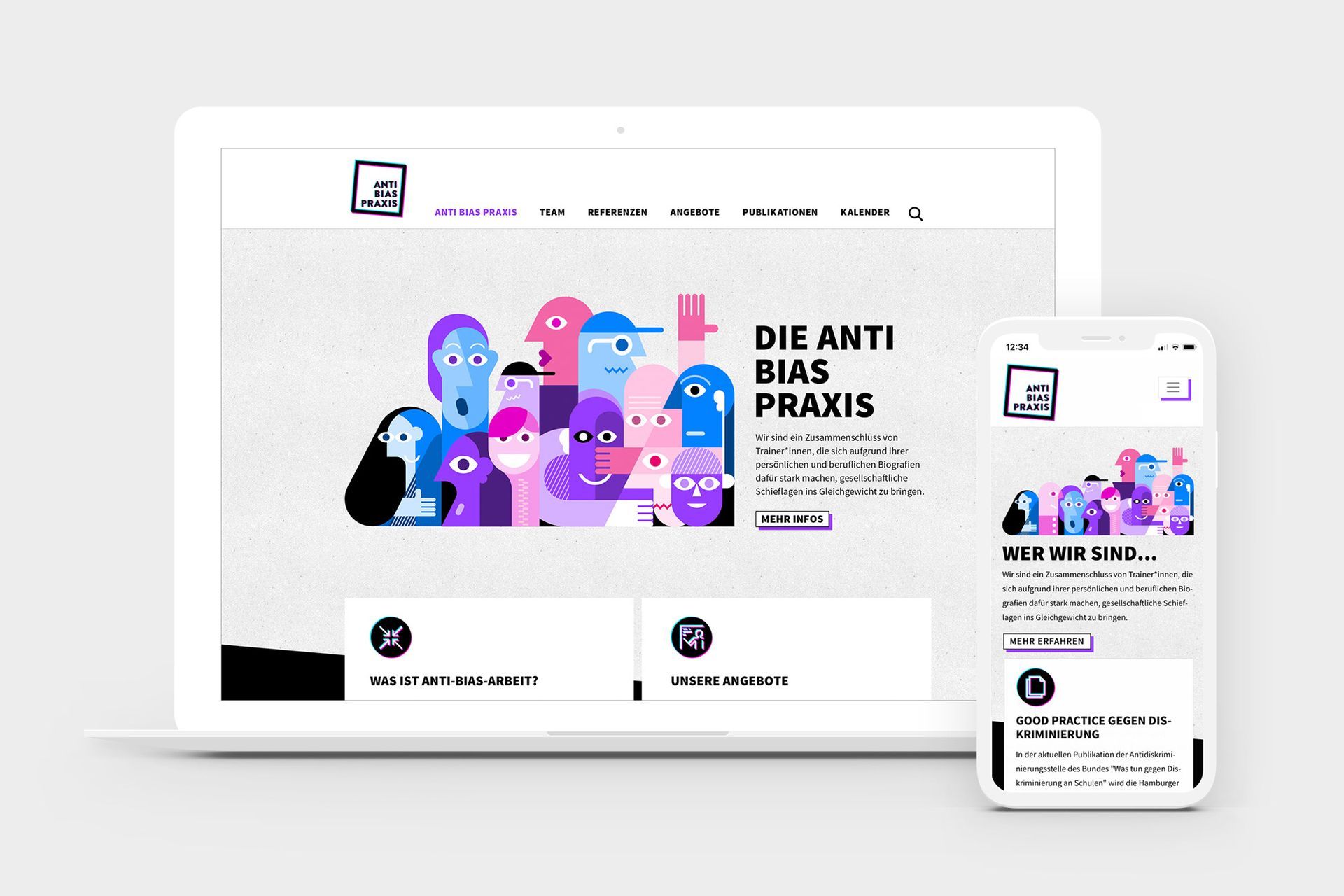 Mockup der 'Anti Bias Praxis': Weißes Laptop- und Mobil zeigen die Website mit Illustrations-Keyvisual und Text an.