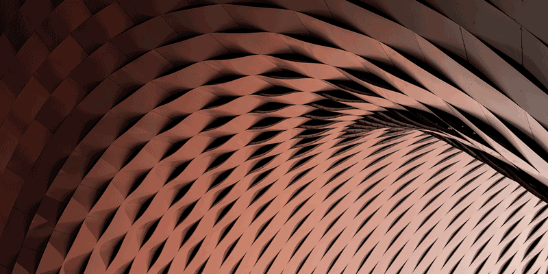 Abstrakte, architektonische, fließende, kupferfarbene geometrische Formen, die einen tunnelartigen Eindruck vermitteln.