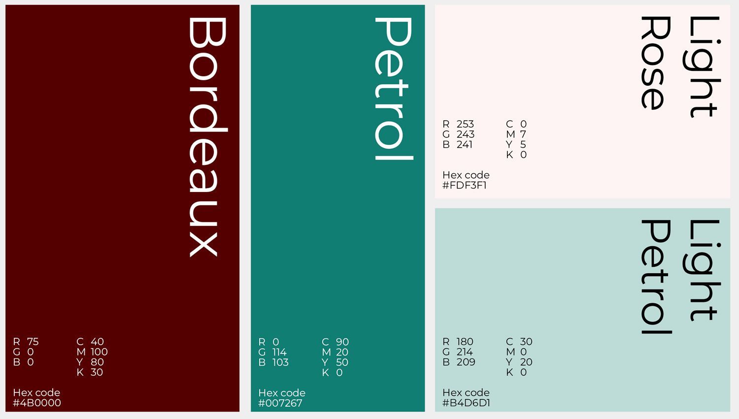 Sekundäre Farbpalette von Astera Legal: Bordeaux, Petrol, Hellrosa und Hellpetrol.