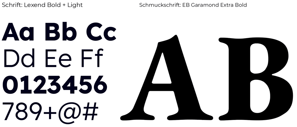 Schriftbeispiele für Astera Legal: „Lexend“ (sans-serif) und „Garamond Extra Bold“ (Serif).