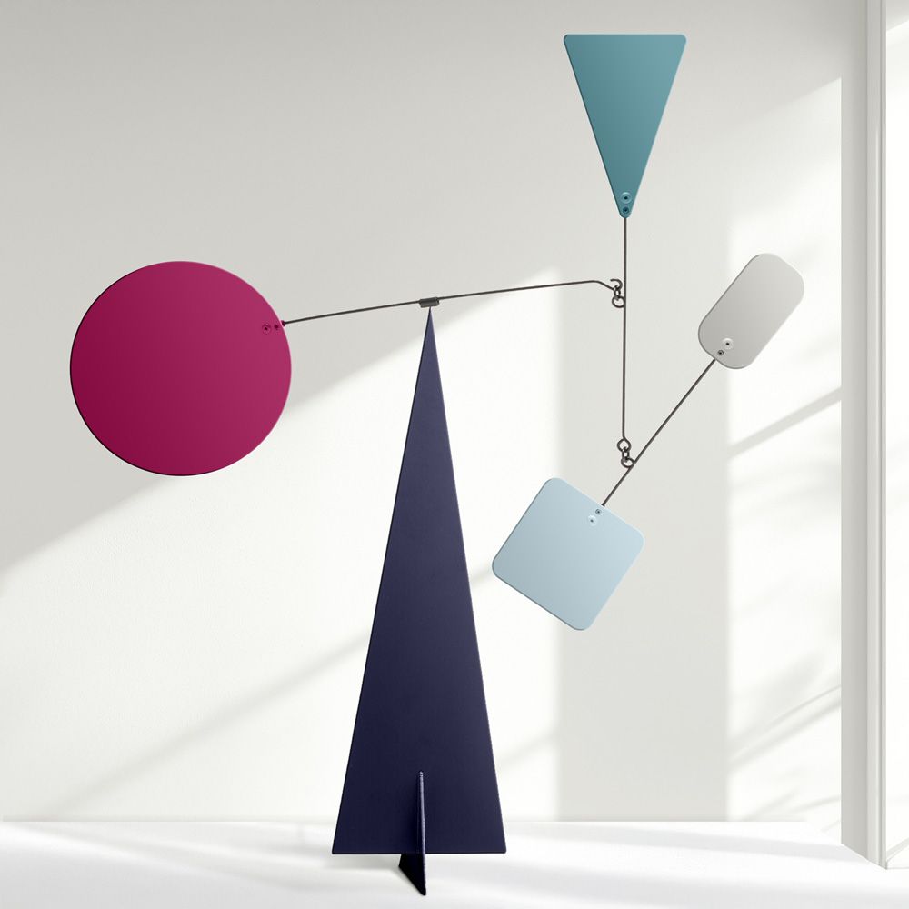 Keyvisual GKW Einzelcoaching: Mobilé-Skulptur mit geometrischen Formen die im Gleichgewicht auf einem Kegel balancieren.