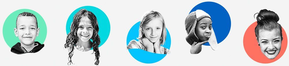Porträt-Darstellunf für Creative Democracy von unterschiedlichen Kindern in bunten Kreisen.
