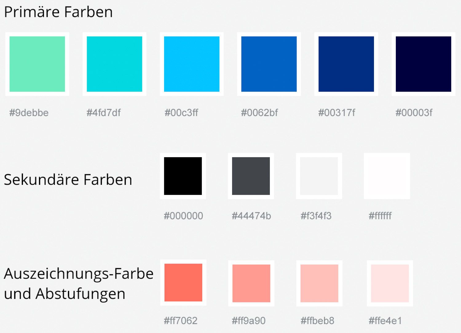 Creative Democracy Farbpalette mit Primär-, Sekundär- und Akzentfarben. Blau-, Grün-, Schwarz-, Grau- und Pfirsichtöne.