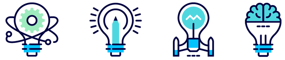 Iconsprache für Creative Democracy: Vier Glühbirnensymbole, jedes mit einer anderen Darstellung von Ideen und Kreativität.