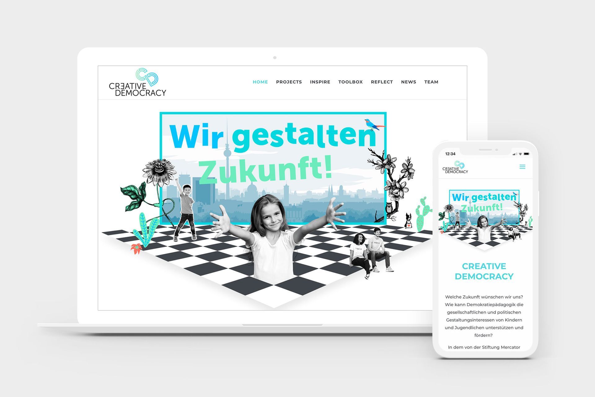 Creative Democracy Website-Mockup mit Mädchen, Stadtbild und Text „Wir gestalten Zukunft!“.