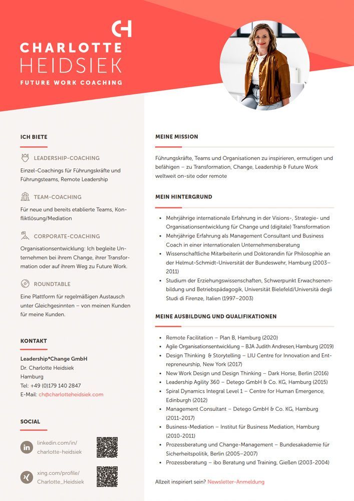 Profildarstellung vonCharlotte Heidsiek mit Foto, rot-weißes Design.
