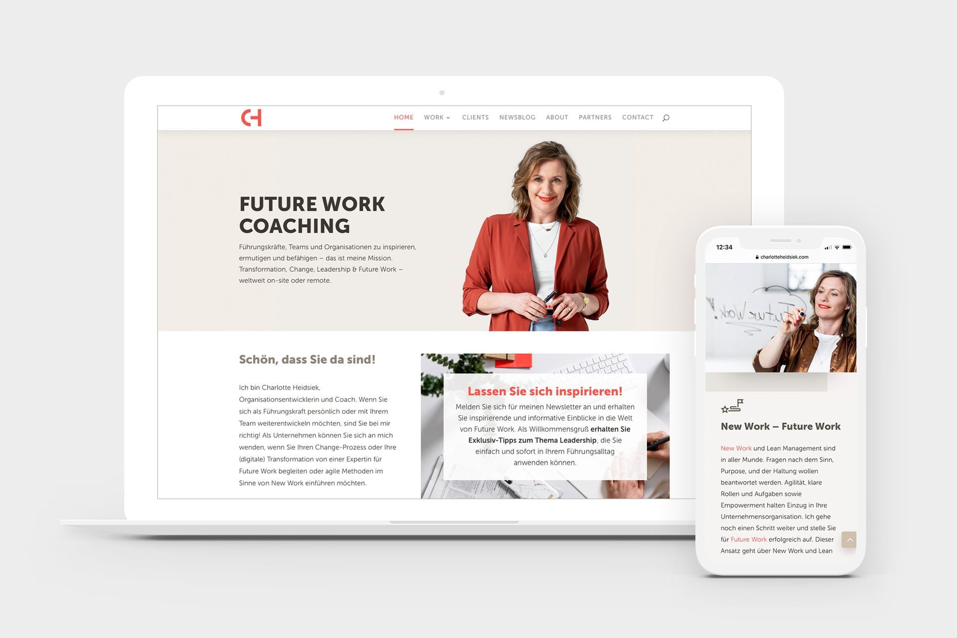 Website-Mockup: Laptop und Telefon zeigen die Startseite mit „Futurework Coaching“ mit Charlotte Heidsiek im Blazer.