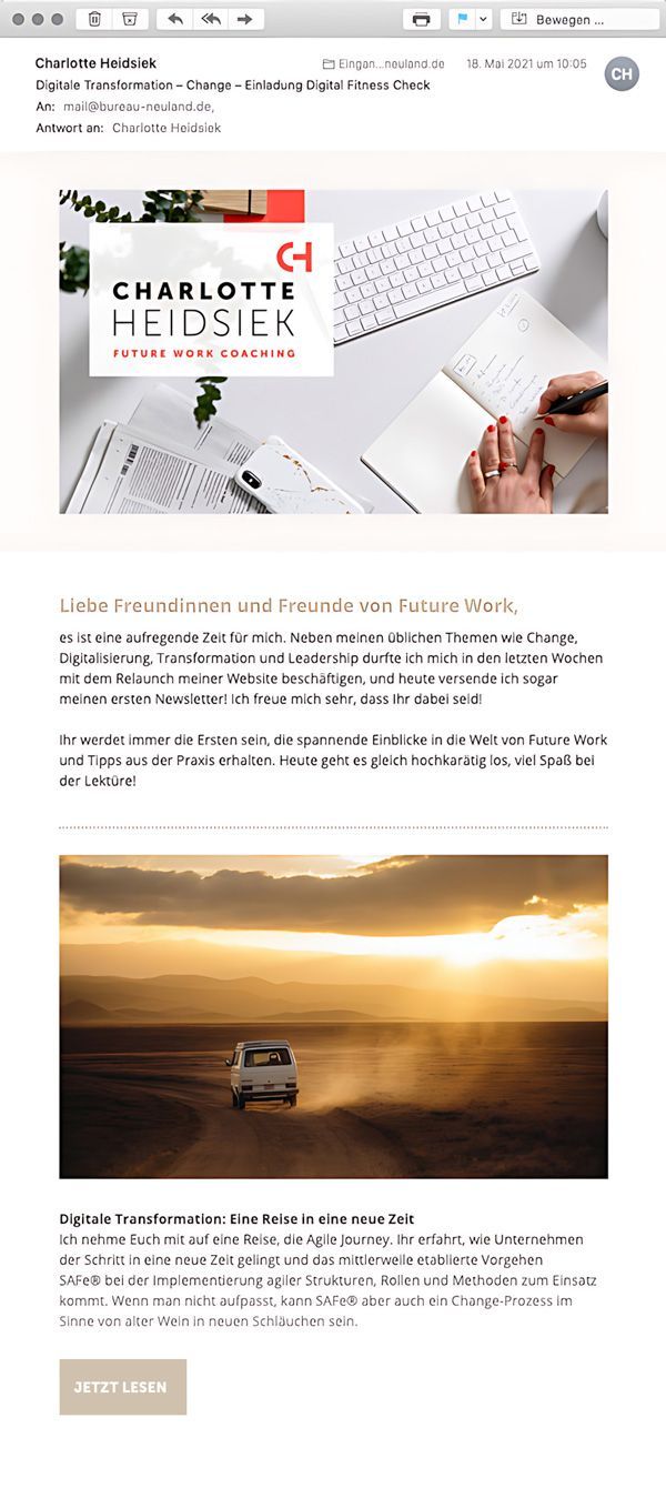 Newsletter von Charlotte Heidsiek mit Bild-Text-Darstellungen: Bilder zeigen Schreibsituation und Auto im Sonnenuntergang.