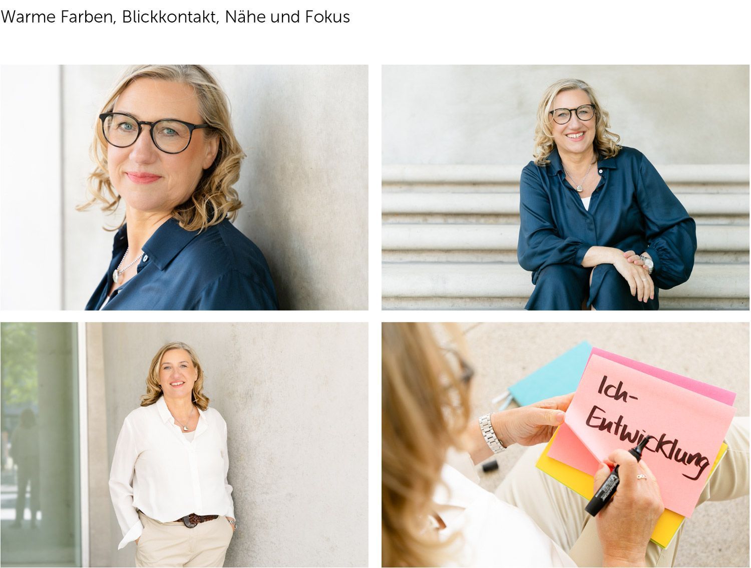 Bildsprache von GKW: Gundula mit Brille, lächelnd in verschiedenen Posen: lehnend, sitzend und schreibend, mit Notizen.
