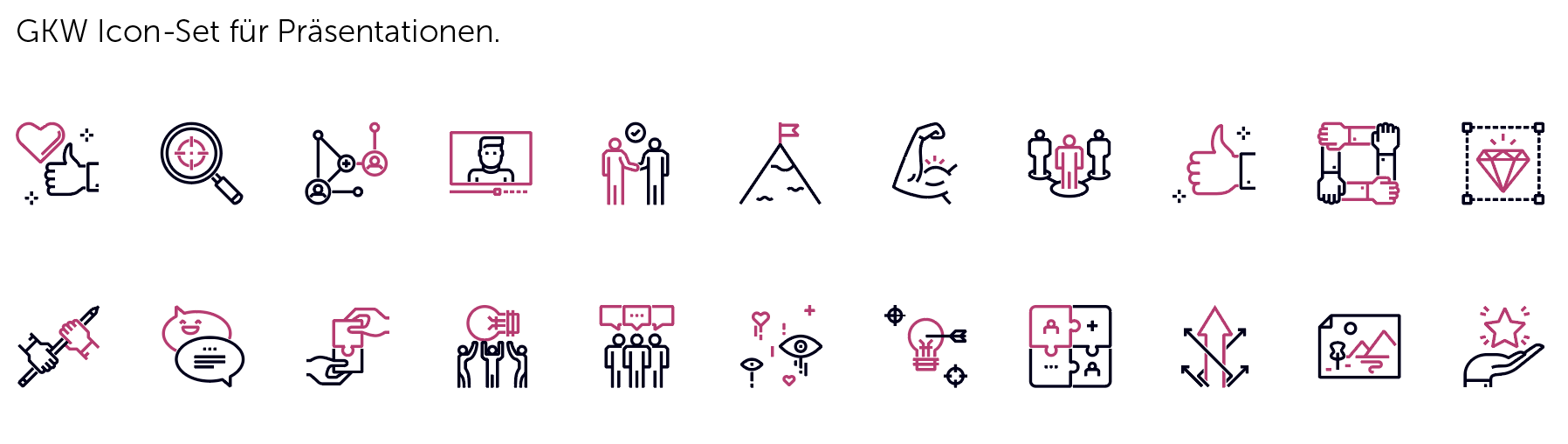 Iconsprache für GKW: Symbole in Schwarz und Beerenfarbe, die verschiedene Beispiele zeigen.