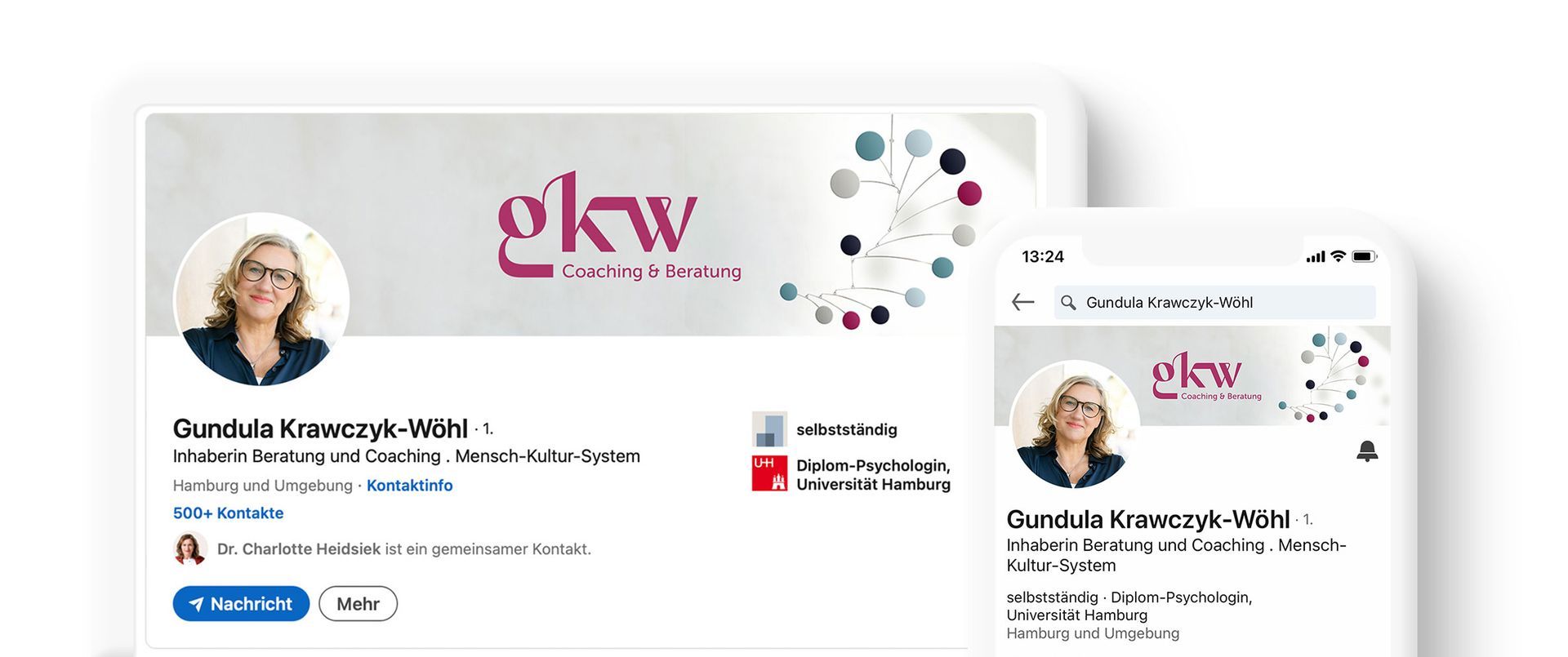 LinkedIn-Profil von GKW auf Tablet und Smartphone. Zu sehen ist ein Portrait von Gundula. Logo + Profilinfos sind sichtbar.