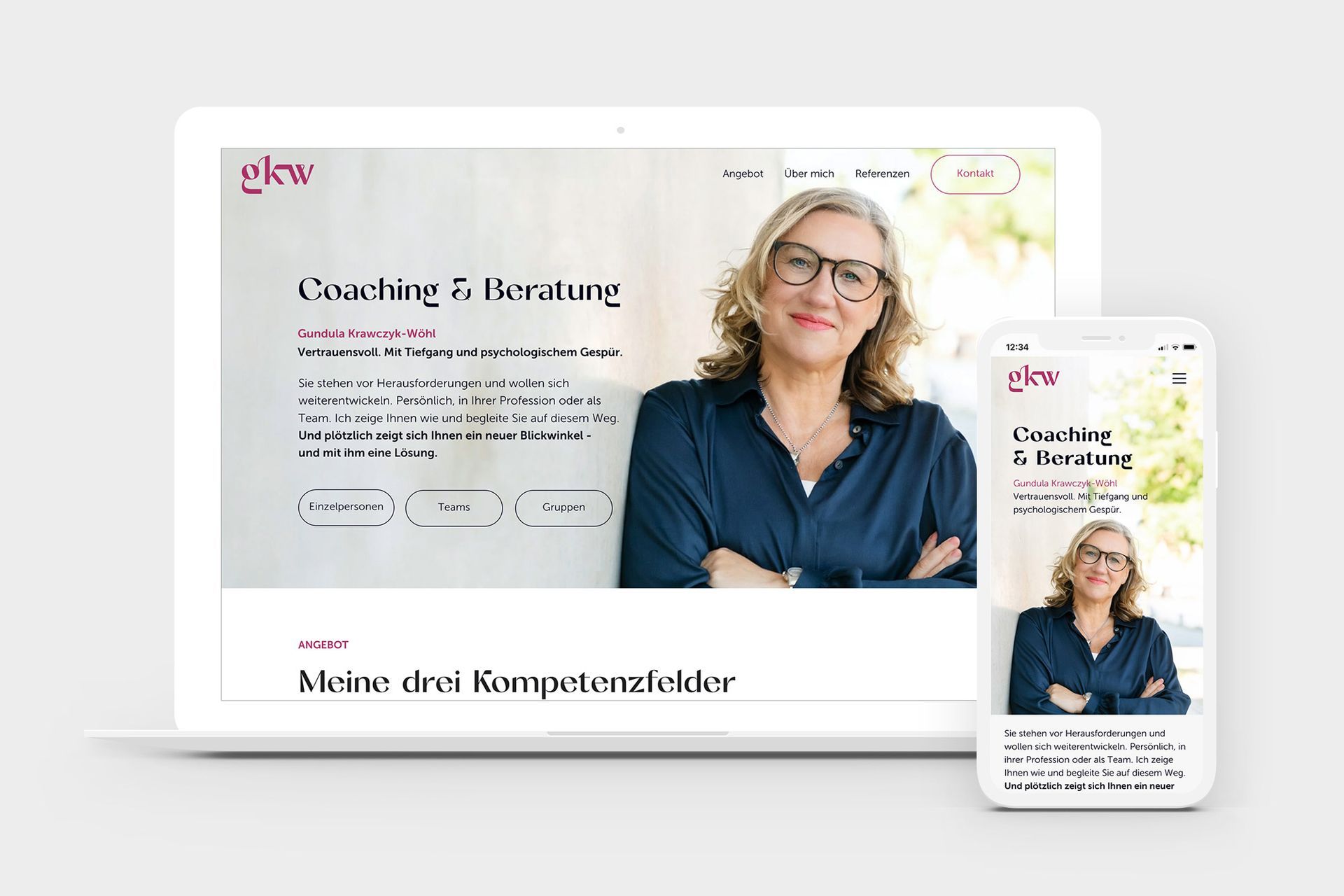 Website-Design für GKW: Darstellung der Startseite mit Gundula auf einem Laptop- und Smartphone-Bildschirm.