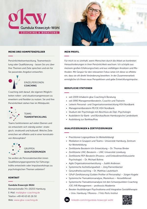 Gundulas Profil zusammengefasst. Der Text enthält Kontaktinformationen, Fähigkeiten, Erfahrungen und Auszeichnungen.