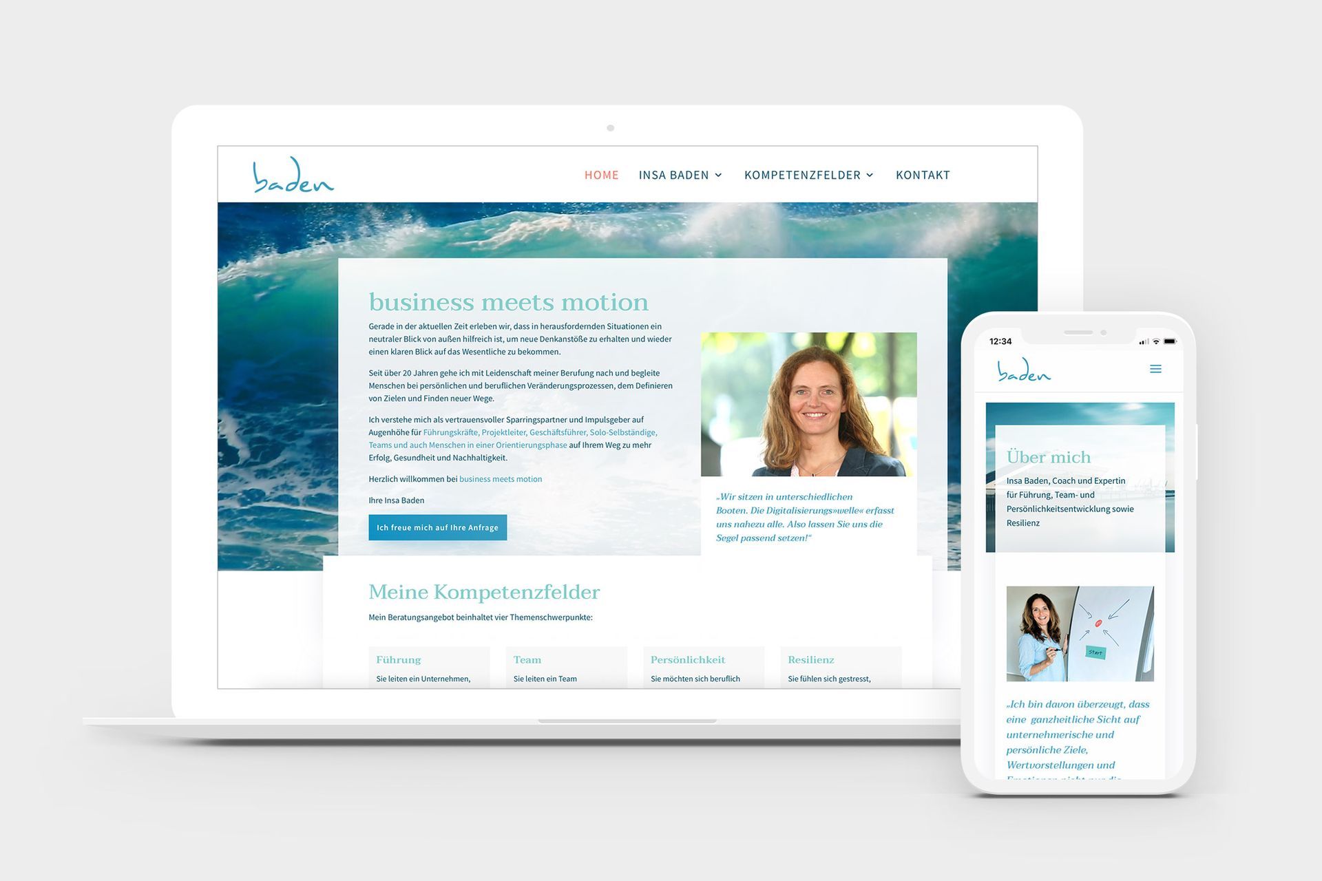 Website-Mockup baden: Startseite auf Laptop- und Mobile, das Insa vor bewegten Wellen im Hintergrund zeigt.