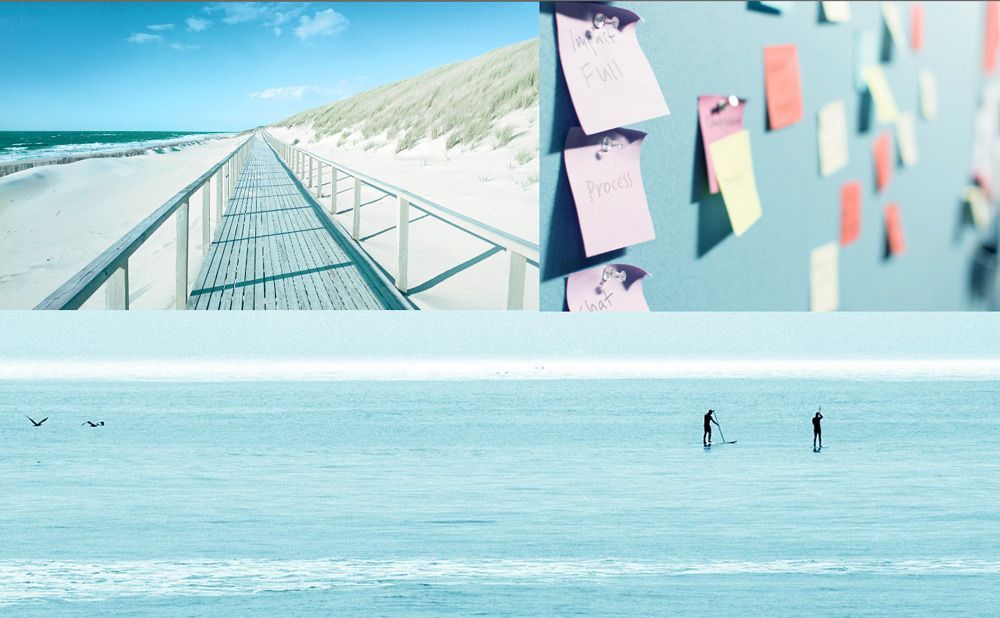 Bildcollage-Bildsprache baden: Strandpromenade, Haftnotizen und Sup-Fahrer auf dem Meer. Blaue und helle Farbpalette.