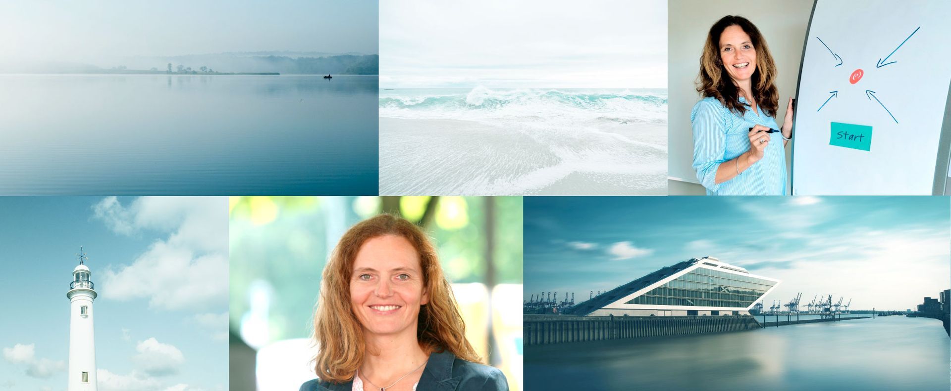 Bildcollage-Bildsprache für Insa Baden: Szenen mit Wasser, Porträts von Insa und architektonischen Wahrzeichen.
