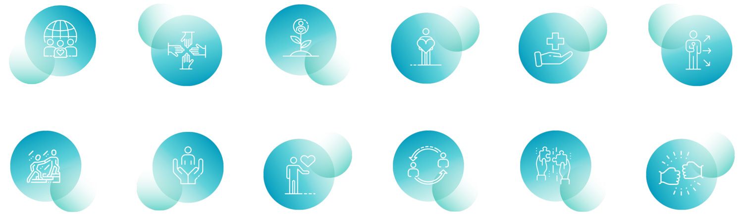 Icon-Set baden: 10 türkisfarbene Doppelkreise, jeweils mit einem weißen Symbol und einem darüberliegenden helleren Kreis.