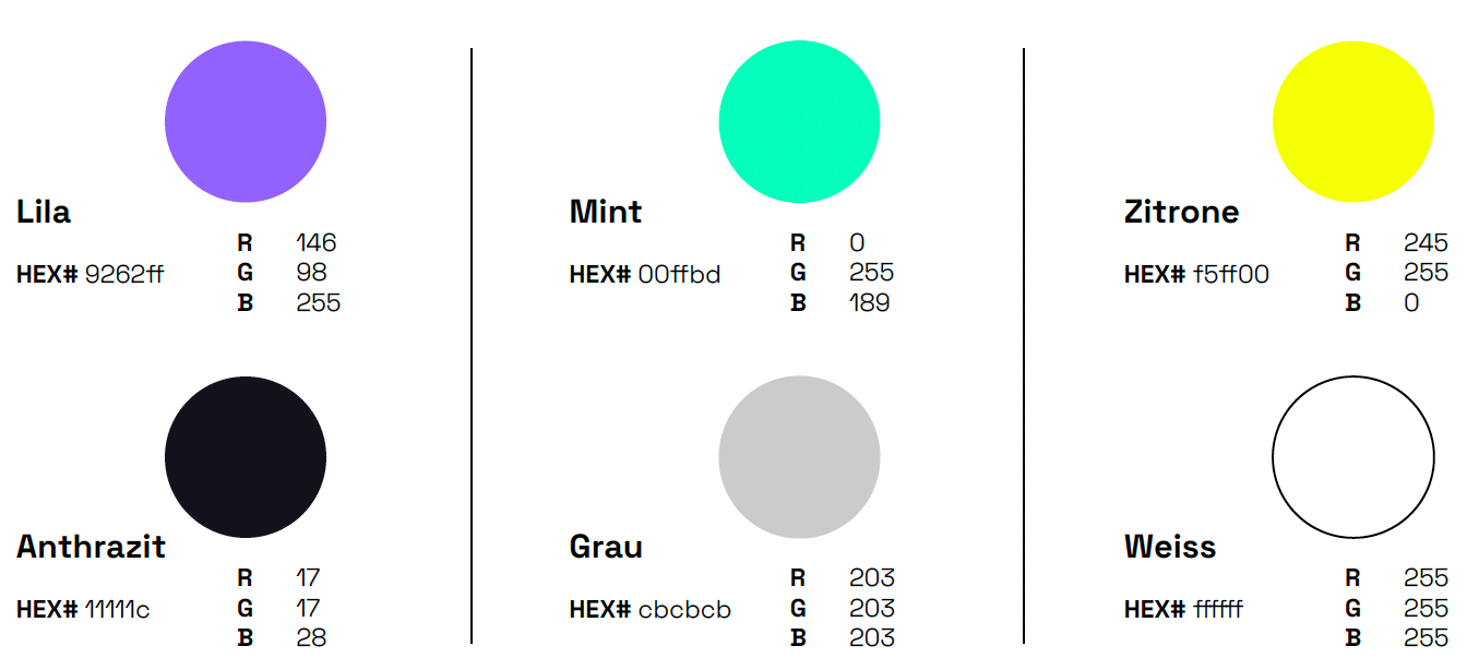 Farbpalette von „KLICK CUT CODE mit Lila, Mint, Zitrone und Weiß, mit entsprechenden Schwarz-Weiß und Grautönen.