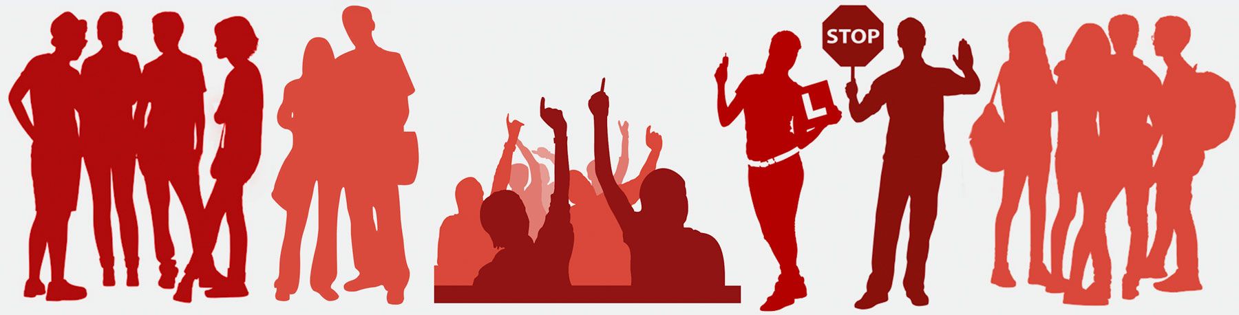 SKH-Illustrationen: Silhouetten von SchülerInnen, einige mit erhobenen Händen und einem Stoppschild.