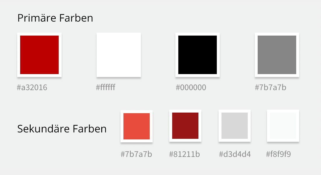 SKH-Farbpalette: Primärfarbfelder (Rot, Weiß, Schwarz, Grau) und Sekundärfarbfelder (Hellrot, Dunkelrot, Grau, Hellgrau).