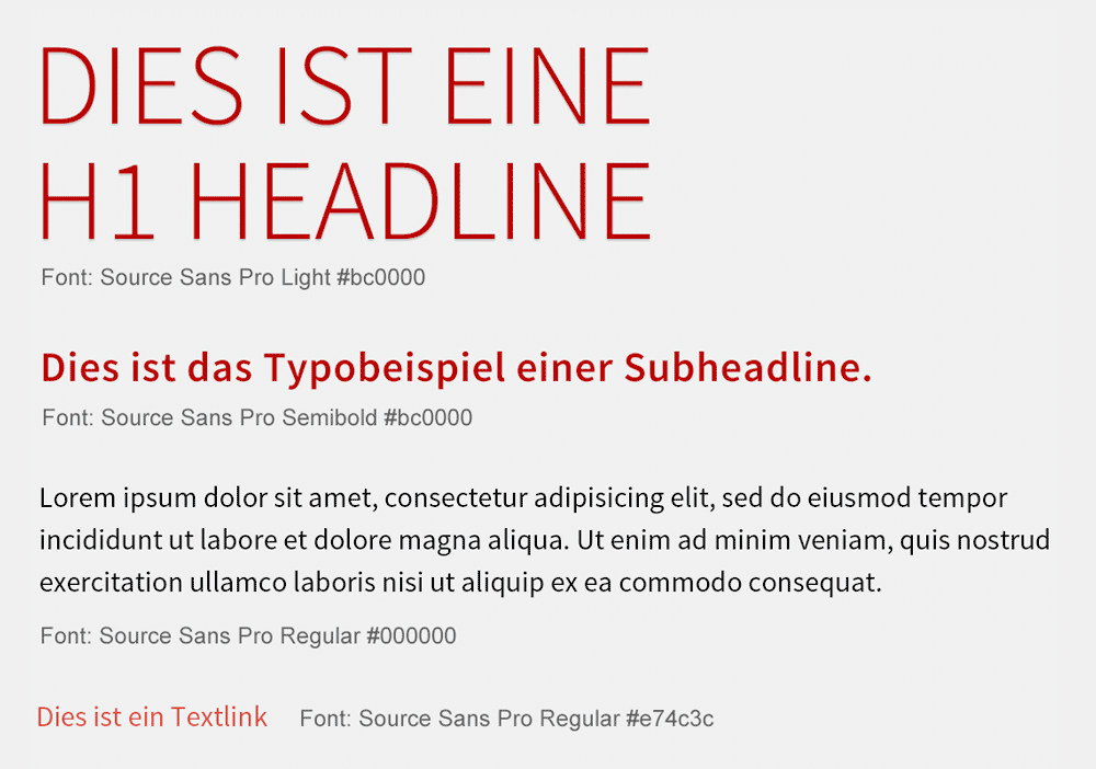 SKH-Typobeispiel mit Überschriften, Unterüberschriften und Fließtext in Rot auf hellgrauem Hintergrund.
