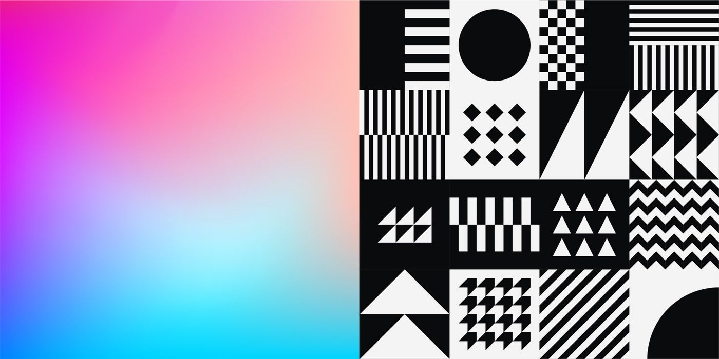 Elemente der 'Anti Bias Praxis': verschmelzender Farbverlauf in Magenta-Lila-Cyan und schwarz-weißen geometrische Muster.