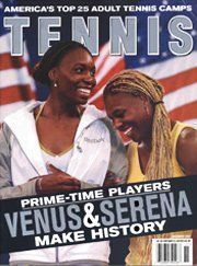 Venus and serena are on the cover of a tennis magazine.