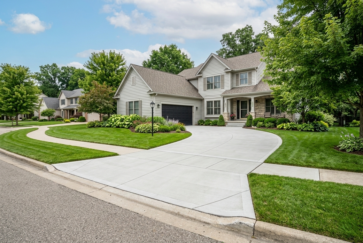 Durable concrete driveway for a Grand Rapids, MI home showing a long-lasting, smooth finish.
