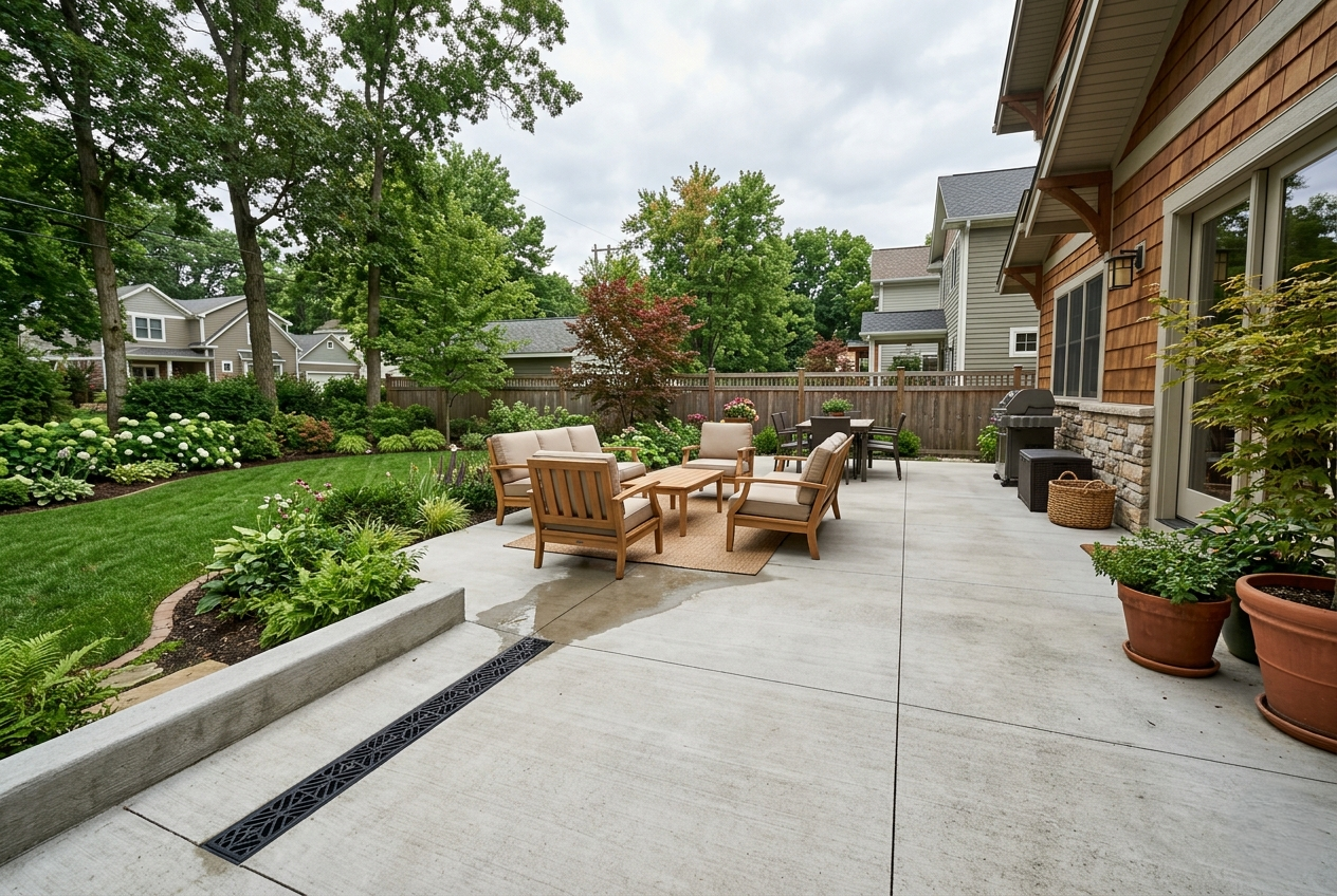 Concrete patio in Grand Rapids, MI featuring an installed drain.