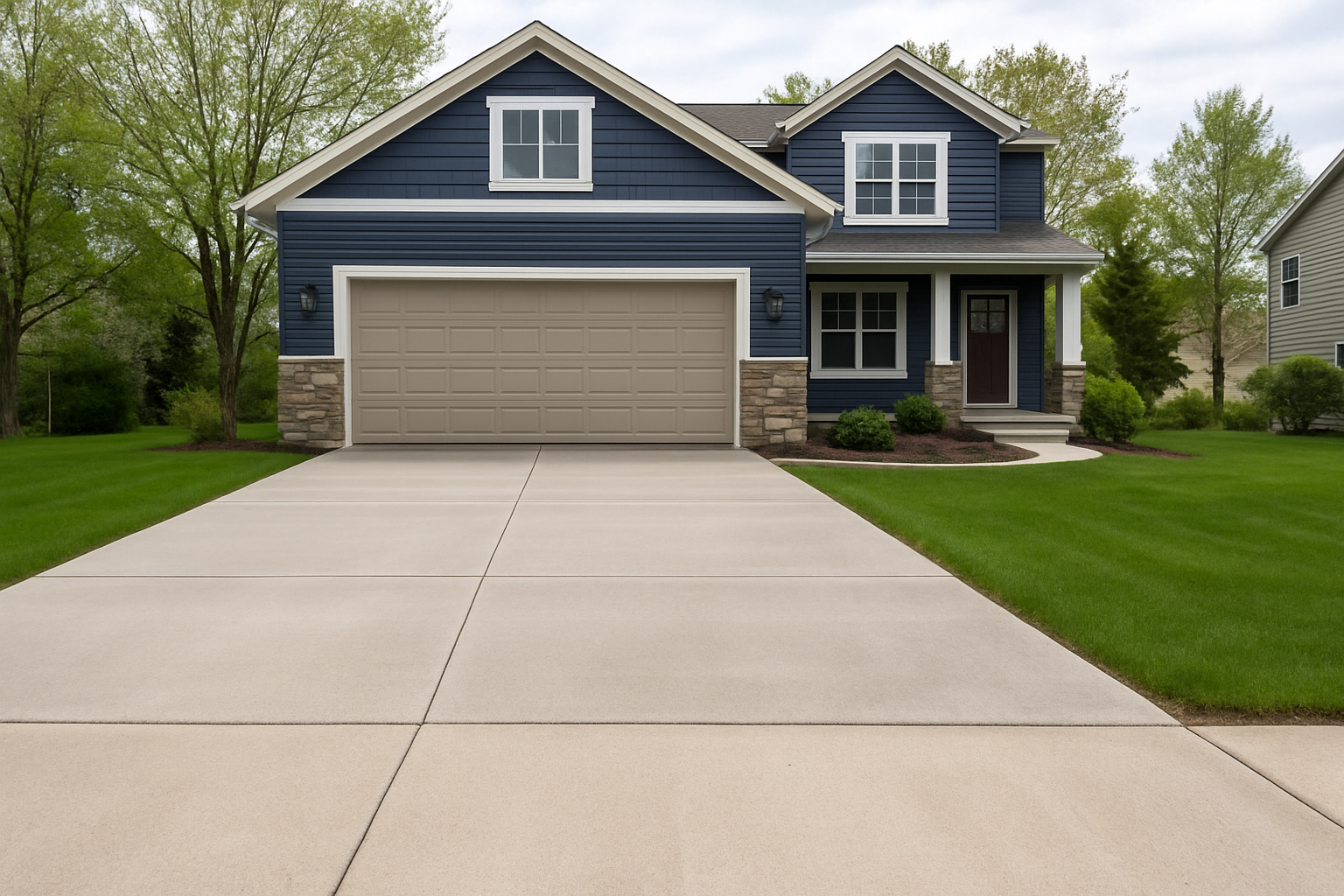 Modern home with clean concrete driveway and tan garage