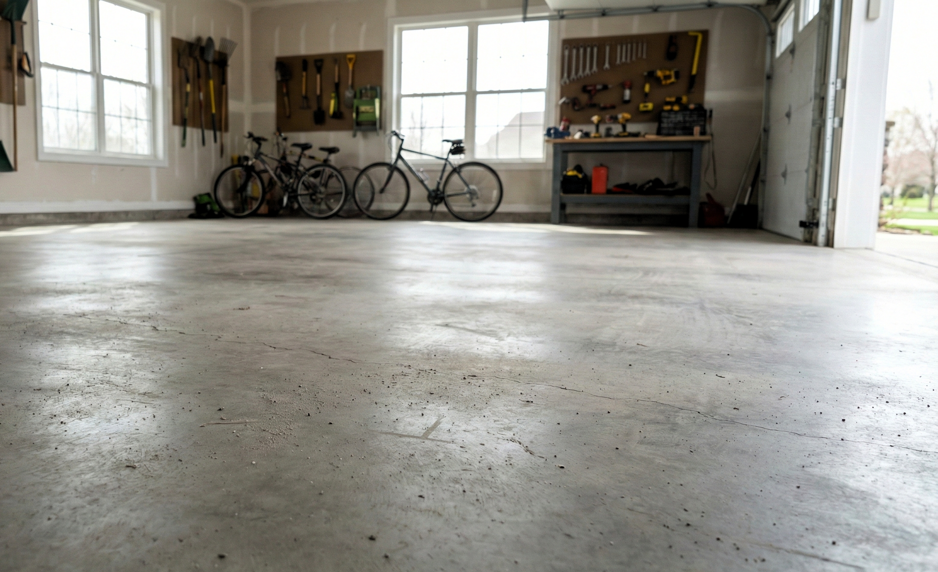 Bare concrete garage floor surface ready for cleaning or epoxy coating