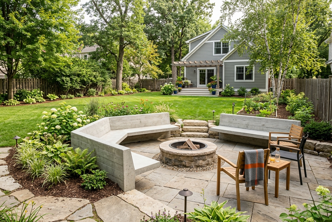 Modern custom concrete benches surrounding a backyard fire pit.