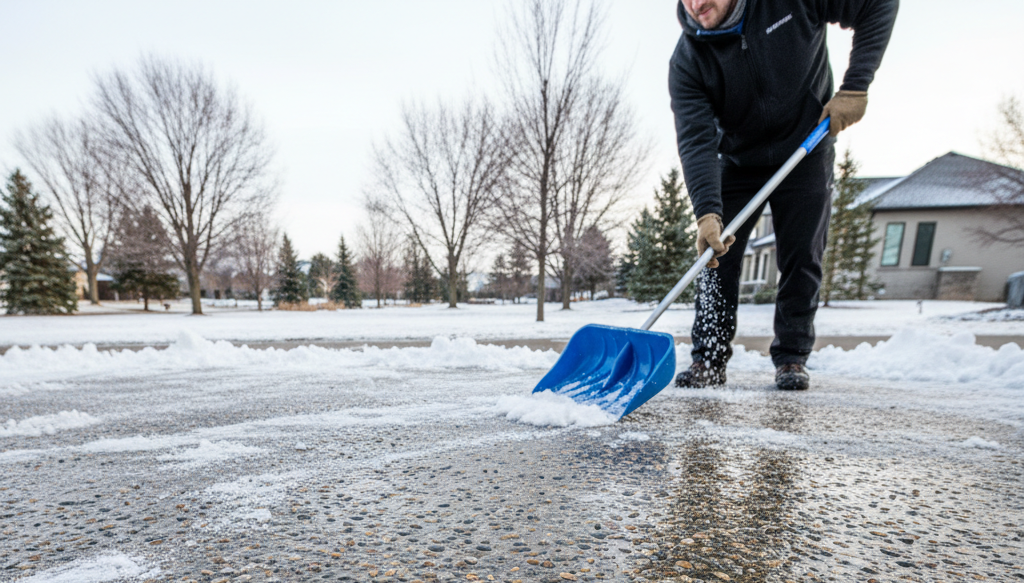 Exposed aggregate concrete driveway winter snow removal