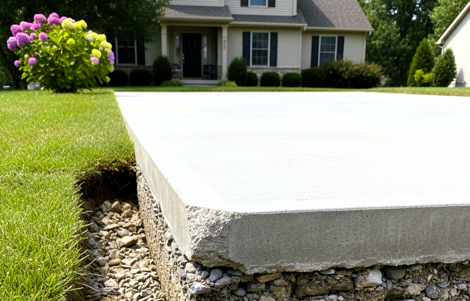 Concrete driveway thickness cross-section showing a gravel base layer
