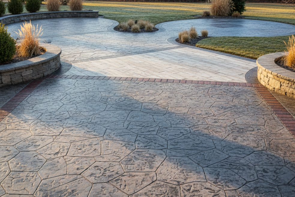 Large custom stamped concrete patio with contrasting color accents and stone veneer retaining walls.