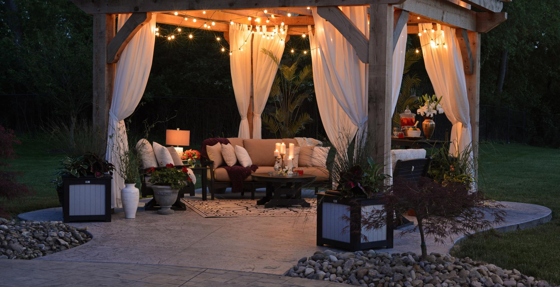 beautiful outdoor decorative concrete patio at night