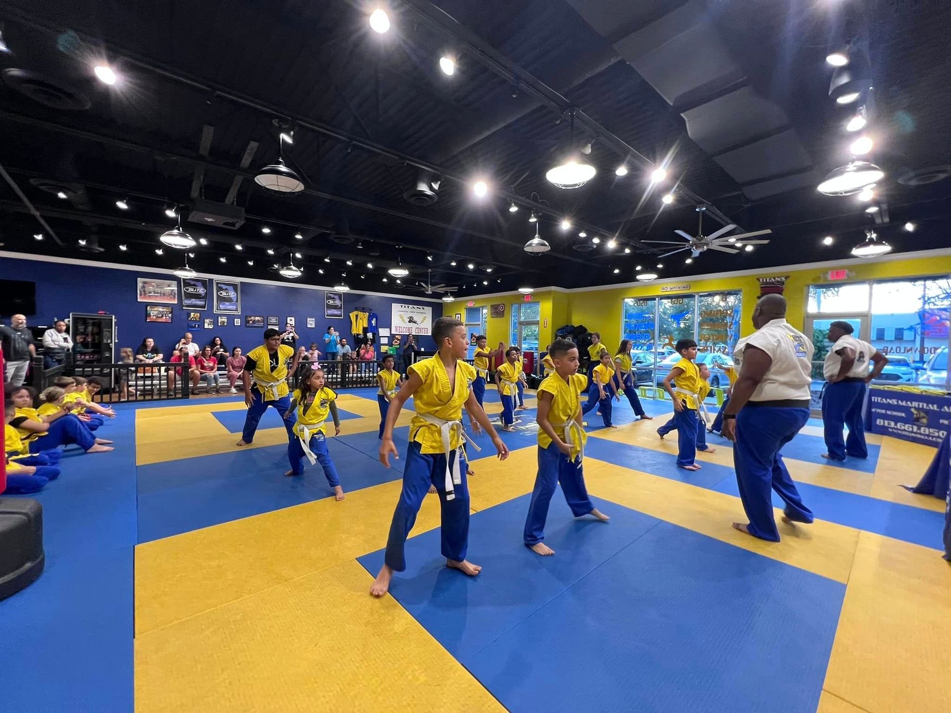 A group of people are practicing martial arts in a gym.