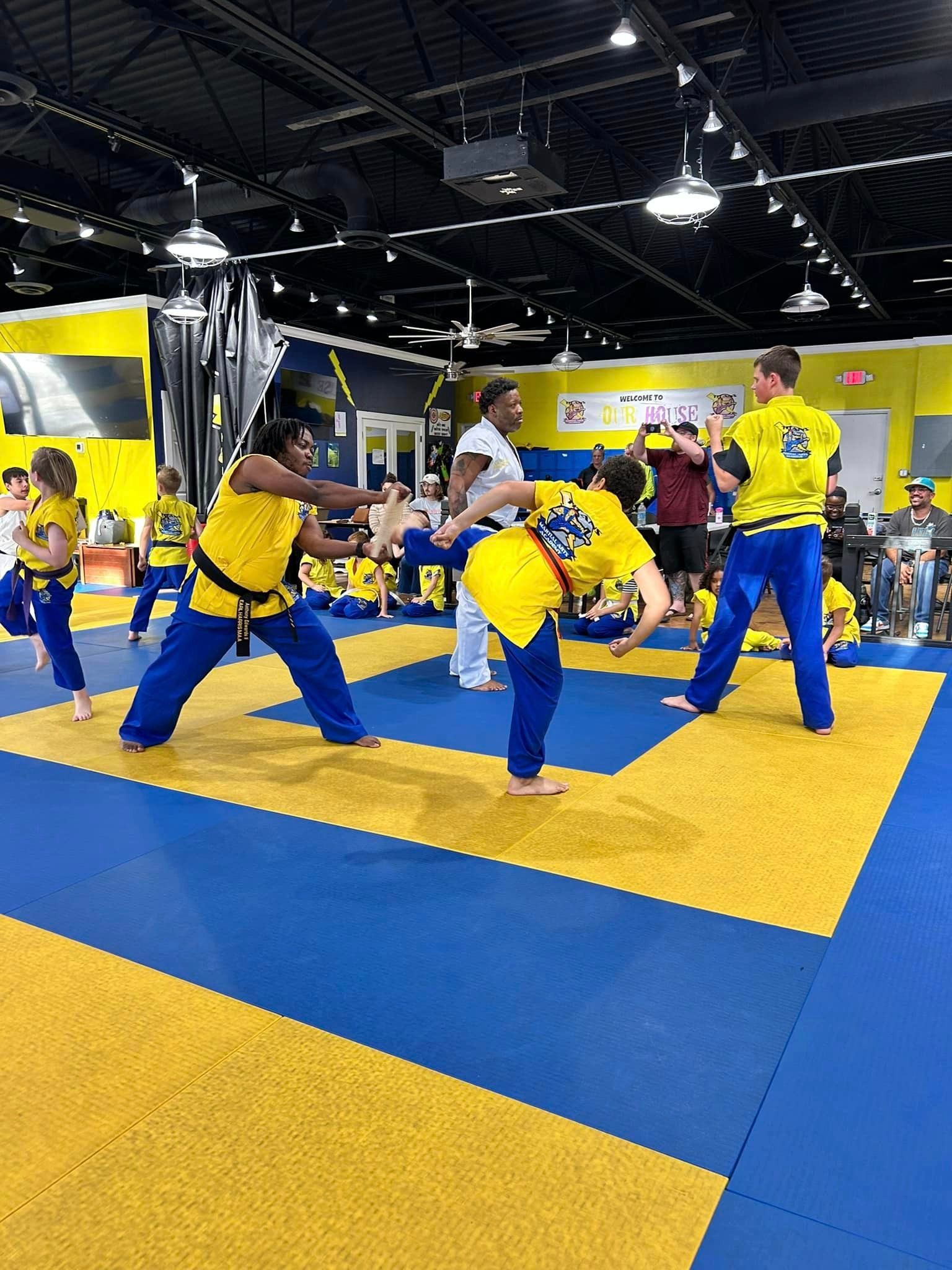 A group of people are practicing martial arts in a gym.