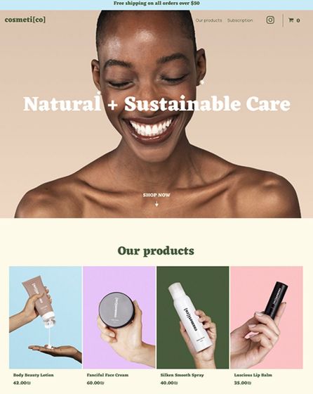 Cosmetics website homepage with smiling model and “Natural + Sustainable Care” banner above product grid