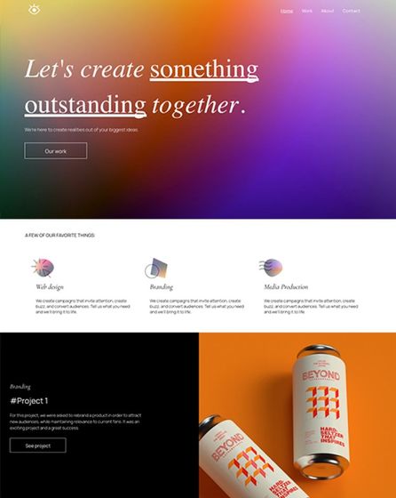 Creative agency landing page with colorful hero banner, services section, and orange product cans on black background