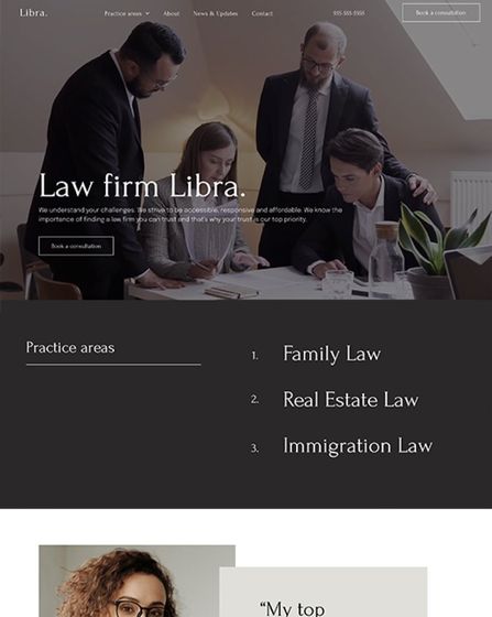 Law firm homepage with attorneys reviewing documents and practice areas listed below