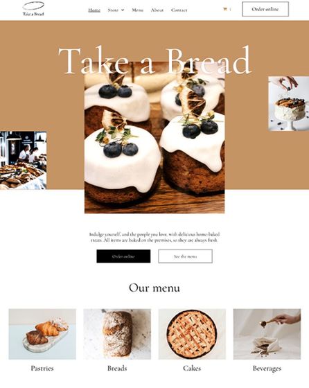Bakery website homepage with bread, pastries, and menu tiles on a tan-and-white layout