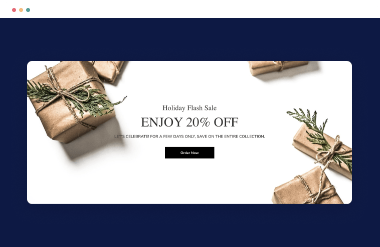Holiday sale banner with wrapped gifts and “ENJOY 20% OFF” text on a dark blue background