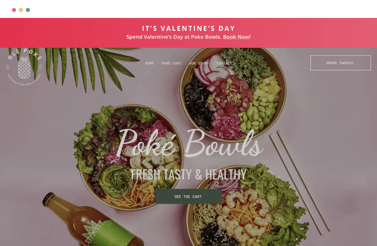Website hero banner for poke bowls with fresh colorful bowls, bottle, and Valentine’s Day promo text